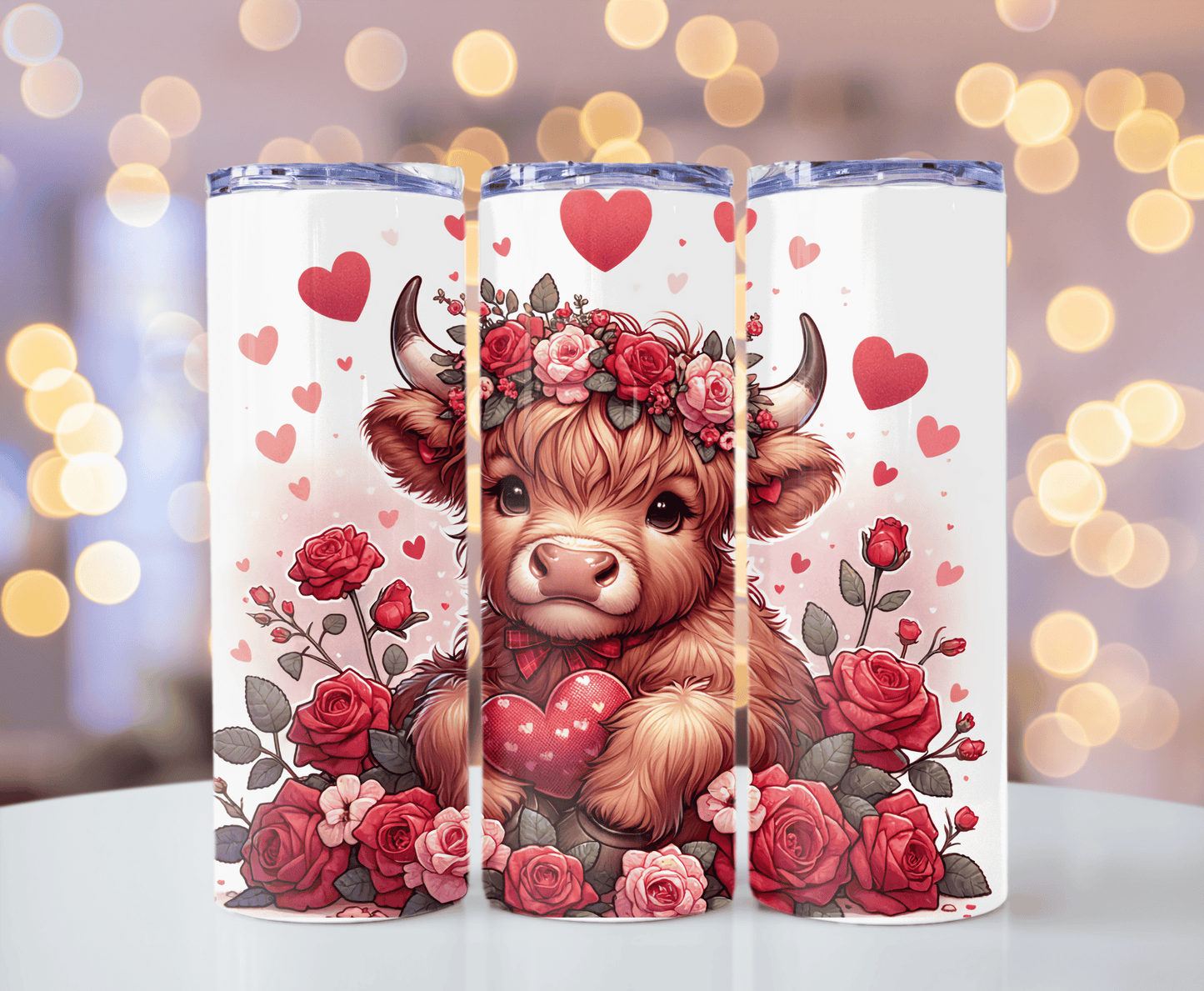 Highland cow rose heart valentine 20 oz tumbler