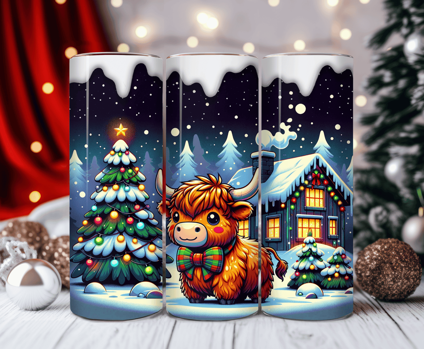 Christmas tree highland cow tumbler