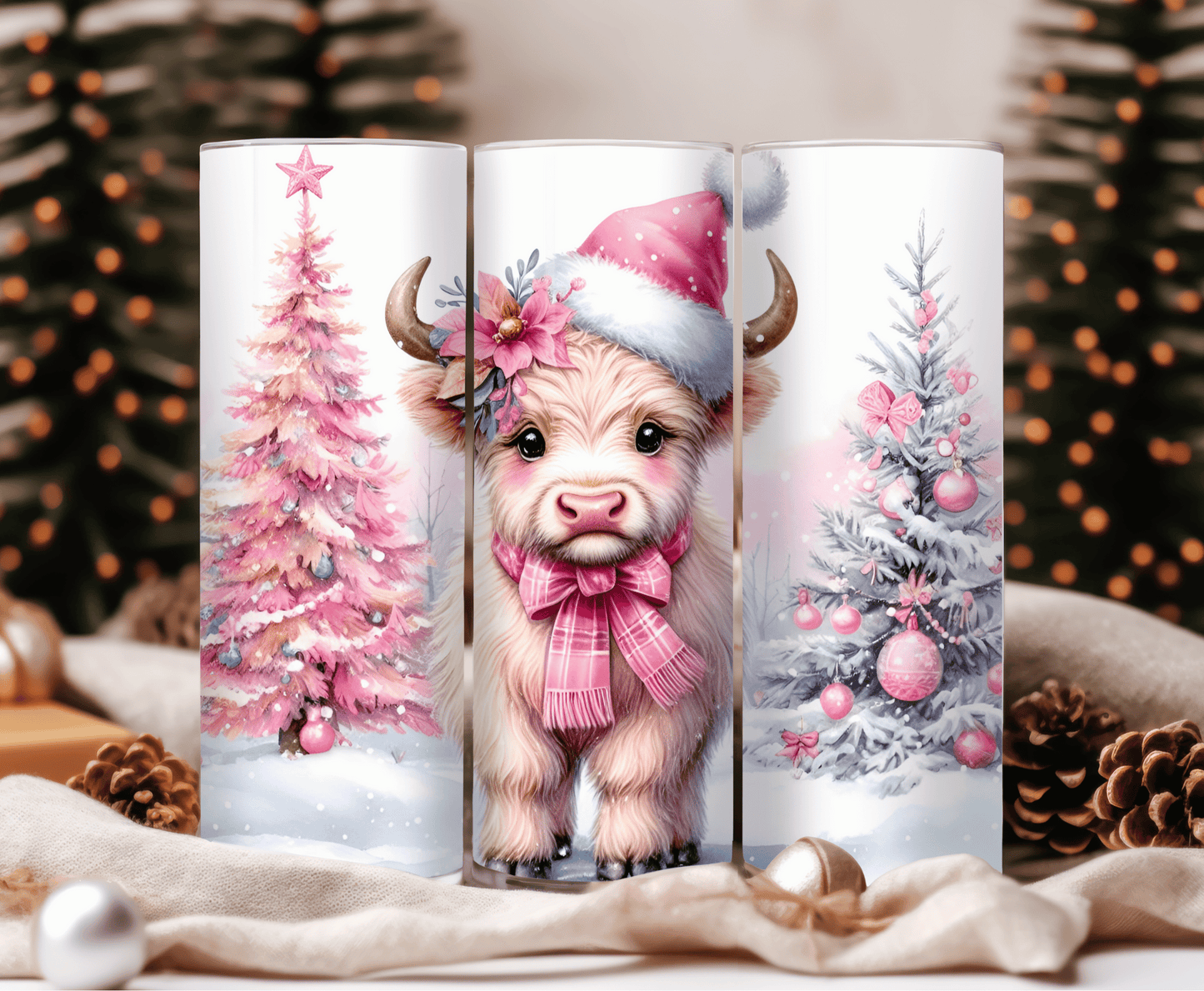 Pink highland cow christmas tumbler